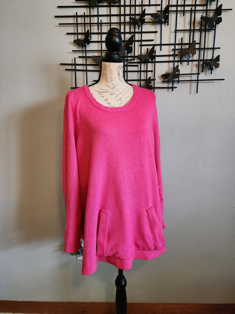 Lane Bryant Bright Hot Pink Crewneck Sweater with Front Pocket